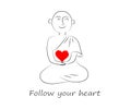 Buddhist monk holds a heart. Silhouette. Man and religion. Vector